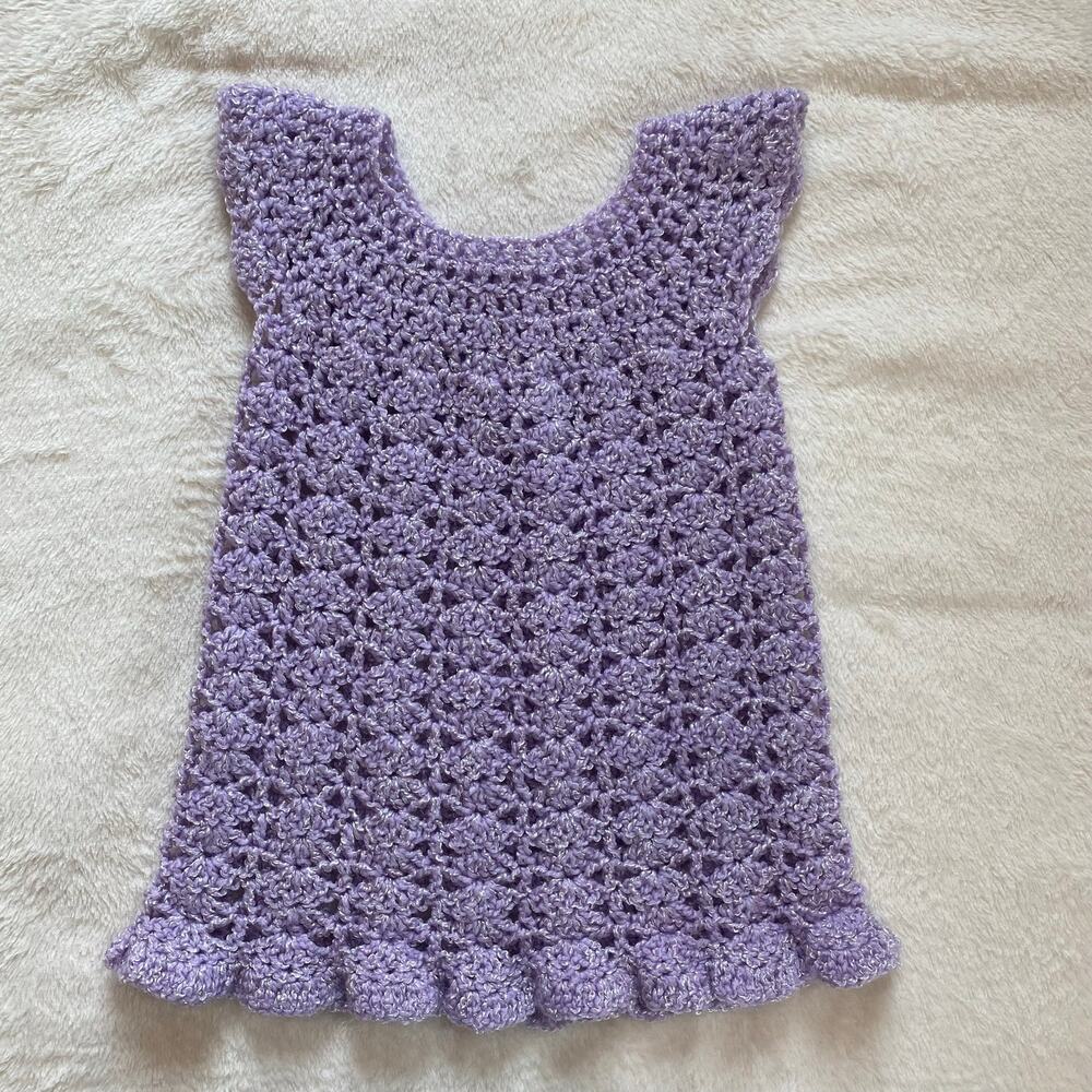 Girls Purple Knit Shirt Dress with Flower Button, Handmade - Picture 2 of 8